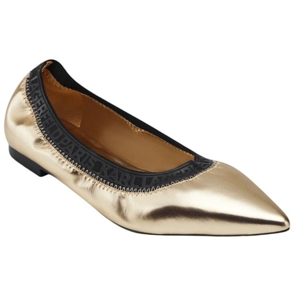 NIB Karl Lagerfeld Paris Vinette Ballet Flats 8 Gold Metallic Pointed Toe Logo